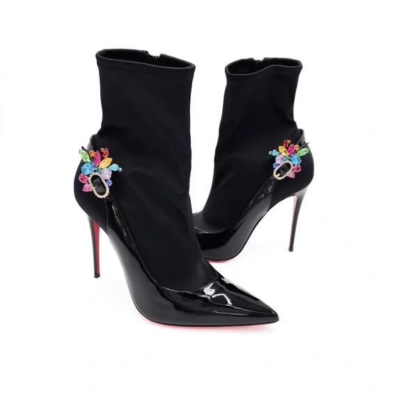 Christian Louboutin Jessie Joli Crystal Satin Black Patent Leather Bootie EU 37 - Picture 1 of 10